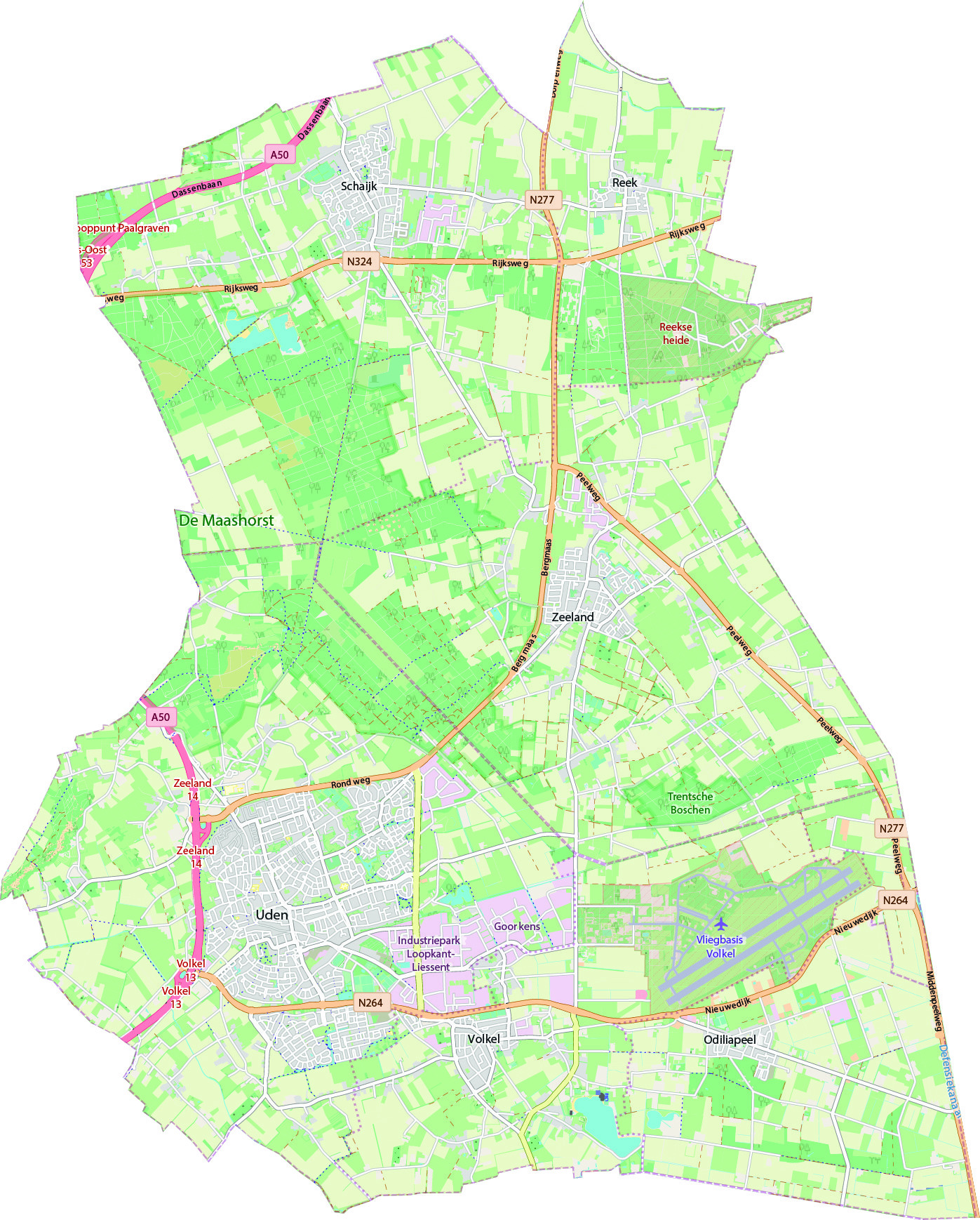 Kaart met gemeentegrenzen gemeente Maashorst