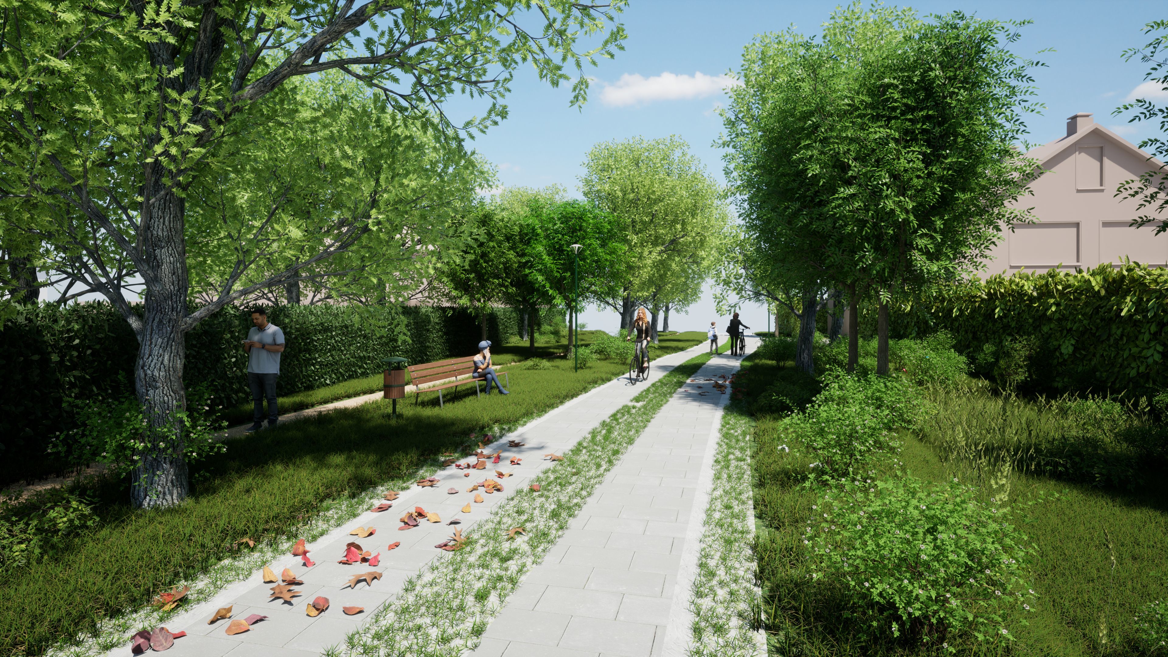 Fietspad en wandelstrook met veel bomen en gras. Er is een fietser op het fietspad. Verder zit iemand op een bankje naast het fietspad. 