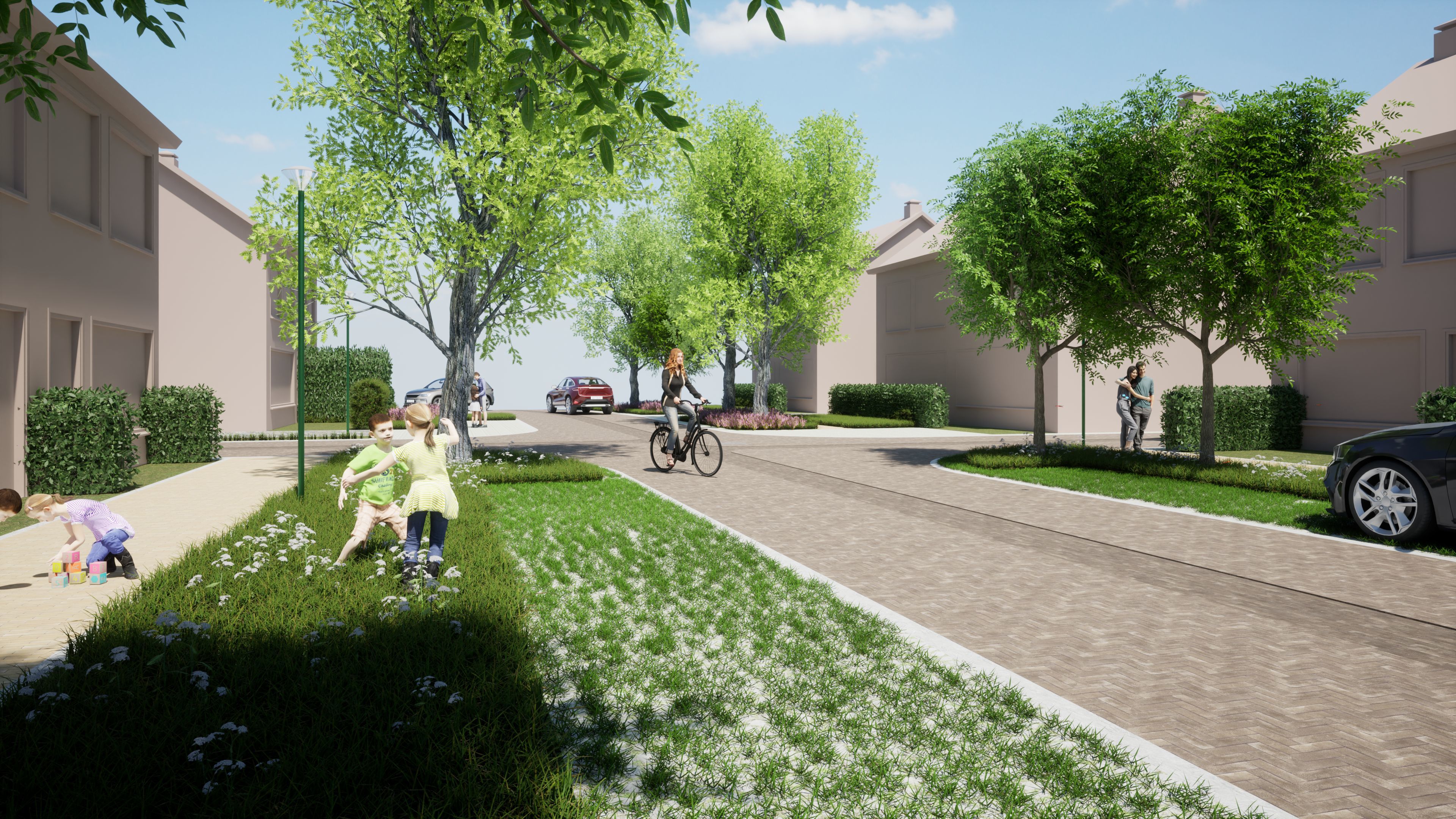 Huizen met daartussen een straat waar een vrouw fietst. Er zijn spelende kinderen in de grasstrook. Verder zijn er groene parkeervakken
