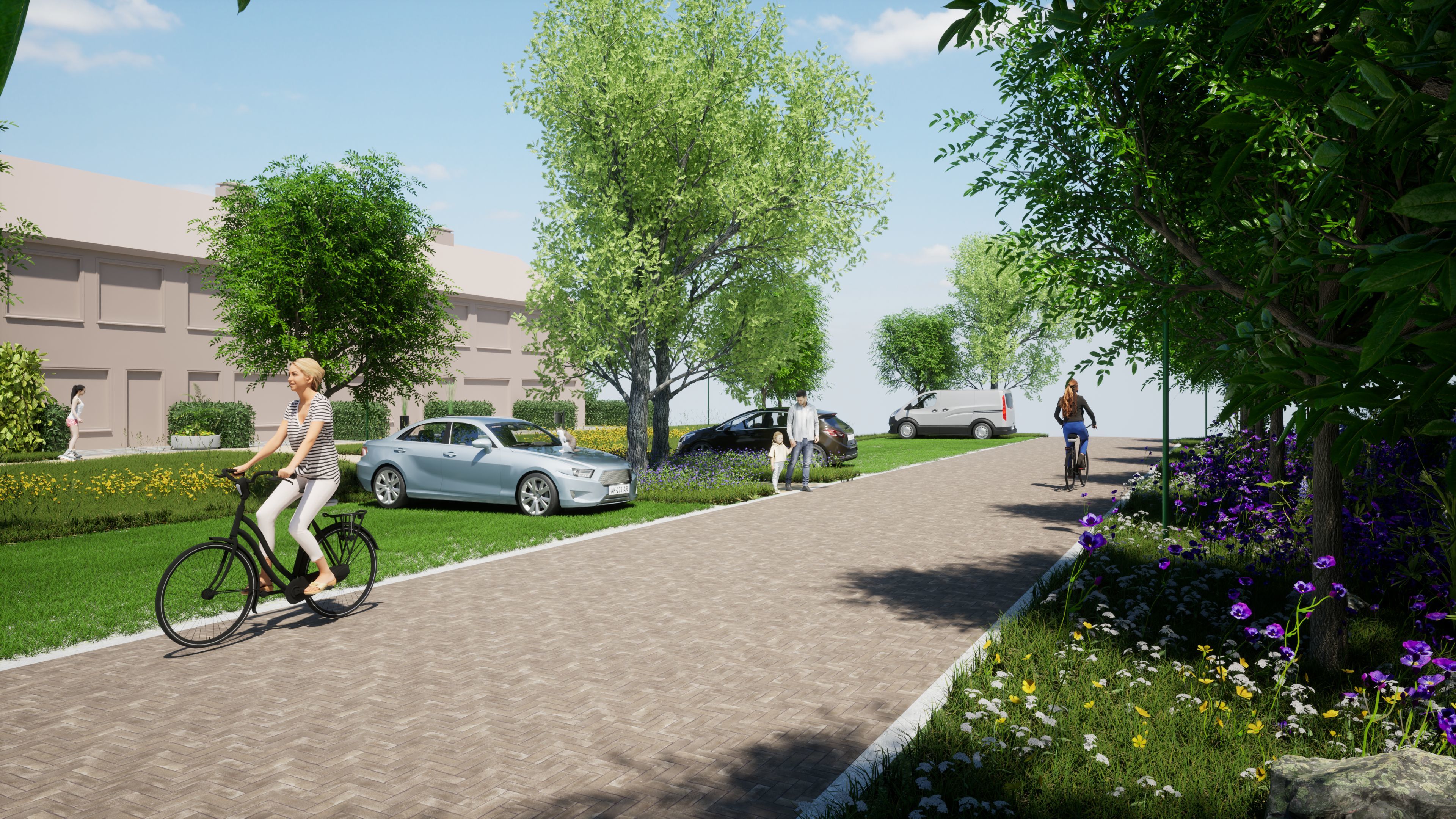 straat met aan één kant huizen. Er zijn groene parkeervakken. Verder fietsen er twee vrouwen door de straat en loopt er een vader met een kindje. 
