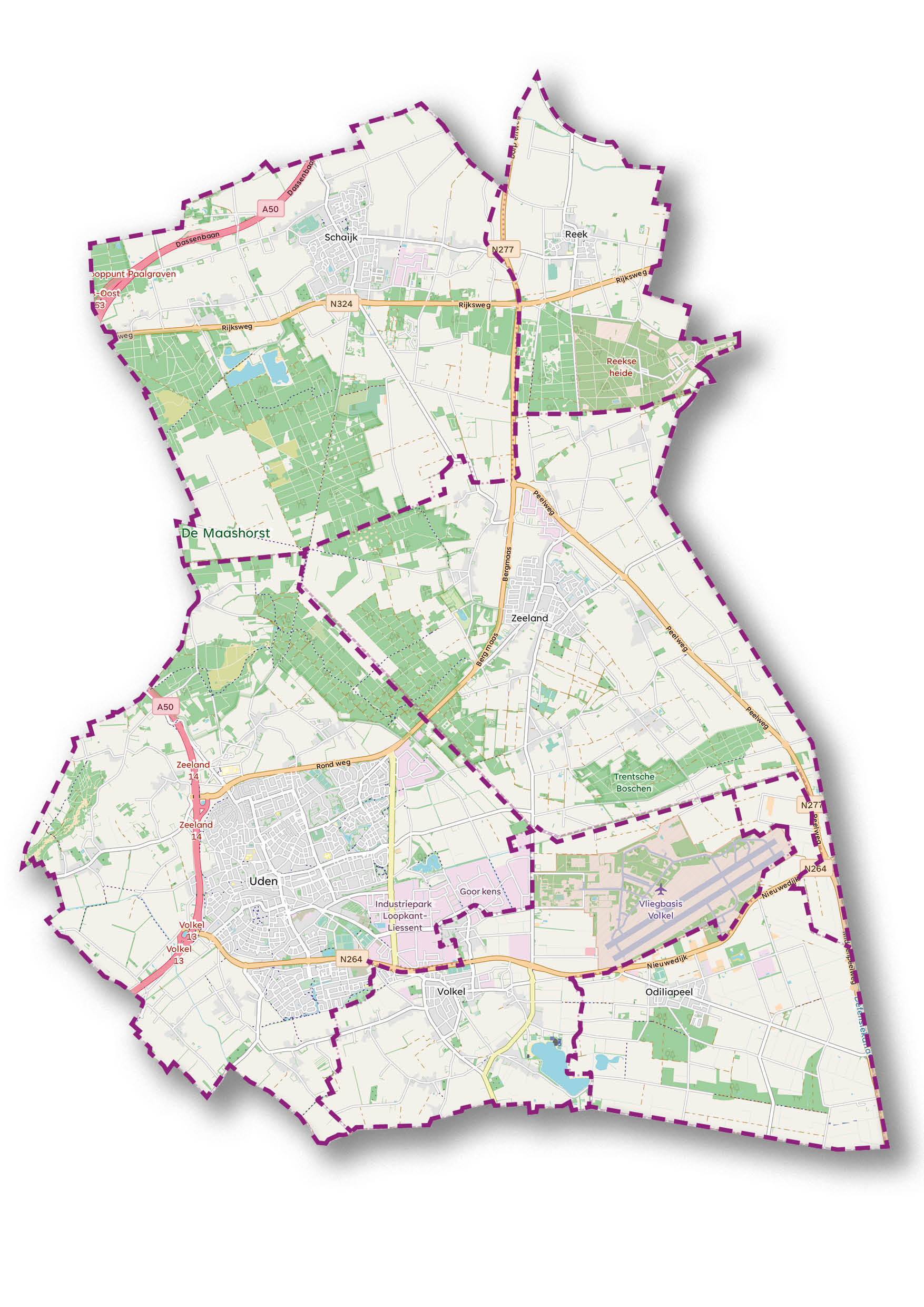 Kaart met grenzen binnen en buiten Gemeente Maashorst, aangegeven met paarse stippellijnen