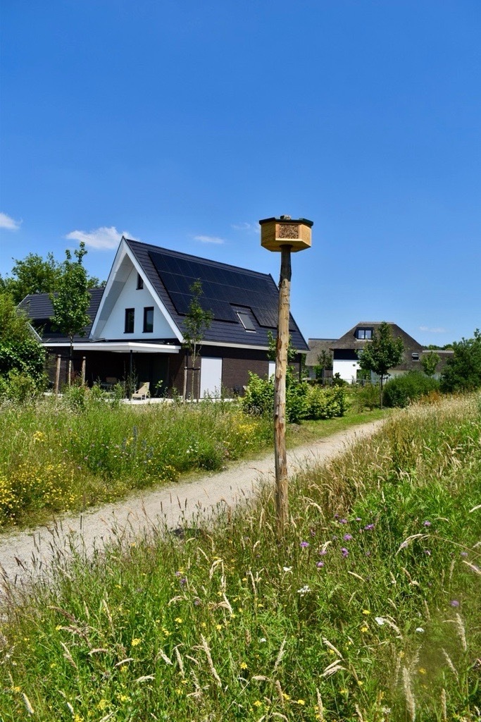 Bijenhotel op een houten paal langs een wandelpad in een bloemrijk grasgebied bij woningen