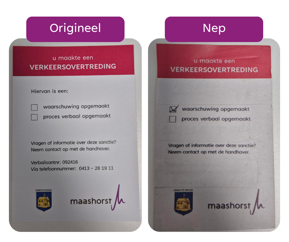 Afbeelding van origineel overtredingskaartje en nep overtredingskaarte om de verschillen te laten zien